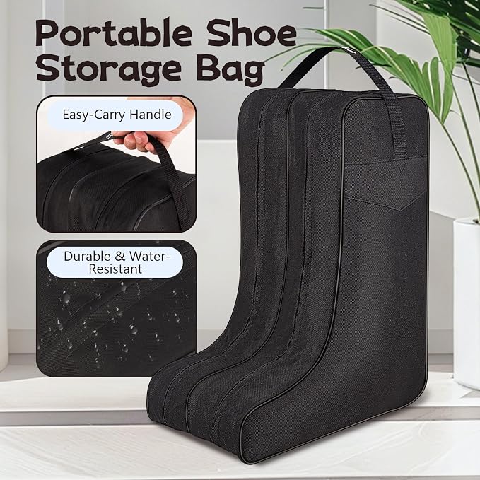 Ciphewest Black Boot Bag for Cowboy Boots up to 17 Inches, Waterproof Travel Boot Carrier for Men & Women, Heavy-Duty 600D Polyester Shoe Storage Bag with Handle