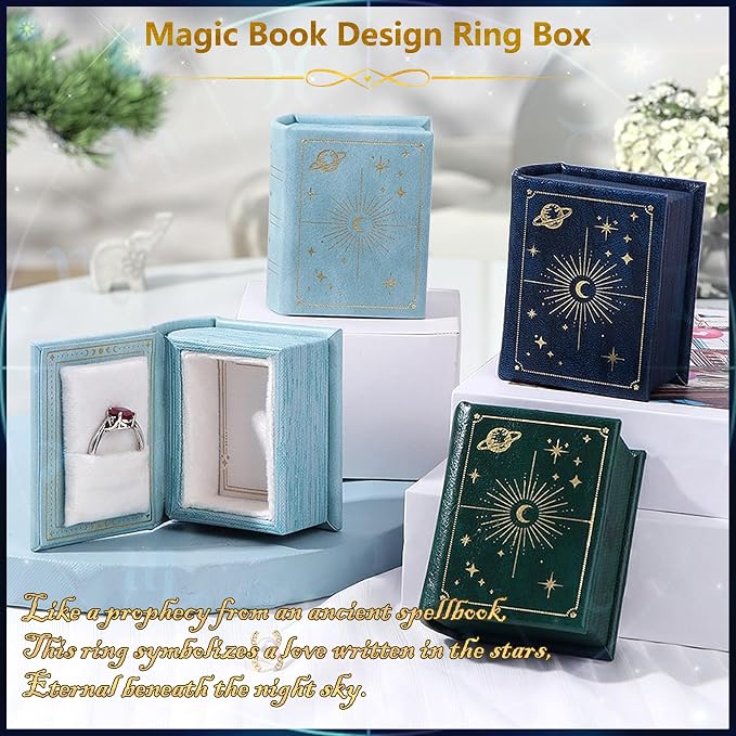 Vintage Magic Book-Shaped Ring Box Starry Sky Pattern PU Leather with Magnetic Closure for Proposal Engagement Gift (Blue)