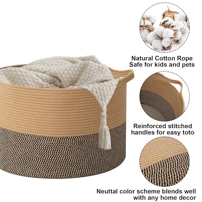 90L Extra Large Blanket Basket,Woven Rope Laundry Basket Hamper with Handles, Decorative Nursery Basket Storage Bin for Toys, Clothes Organizer, Living Room, Bedroom, Bathroom, Jute&Black