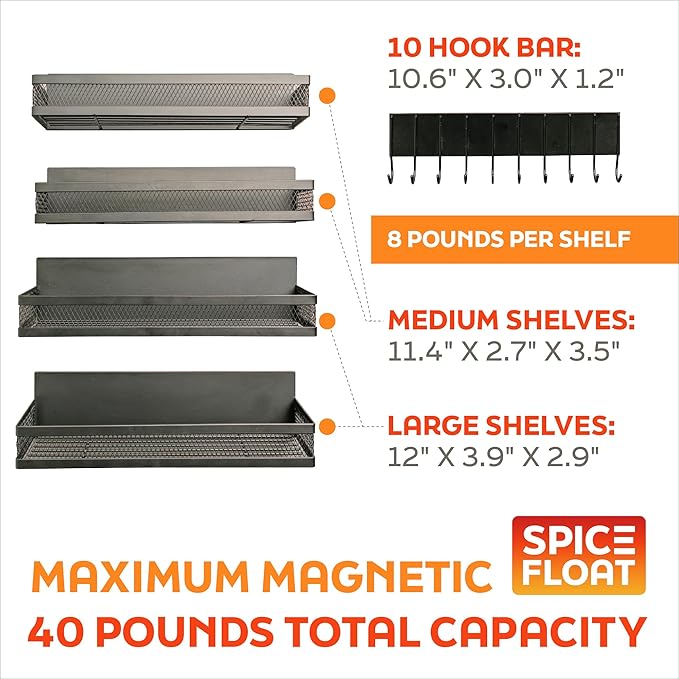 Houseify SPICE FLOAT Magnetic Spice Organizer Racks - 4 Premium Metal Racks + 1 Hanging Hook Bar Kitchen Shelf - Seasoning Organizer For Kitchen Appliances (3.94" x 12.2" x 3.15")