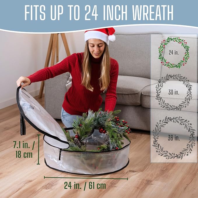 VENO 4 Pack Summer Wreath Storage Container, 24 Inch Clear Wreath Bag, Spring, Christmas Garland Decoration Organizers with Zipper and Durable Handles (Clear, 24"-4 Pack)