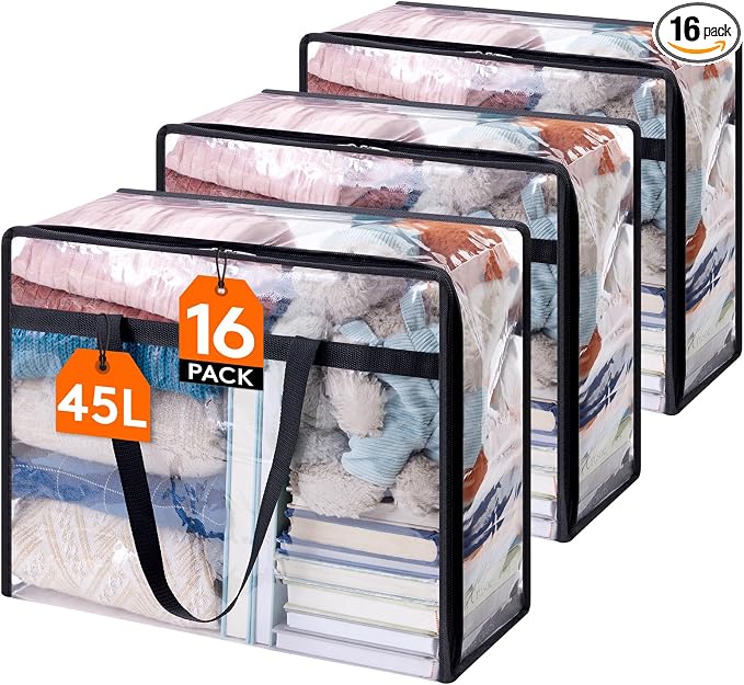 Lifewit 16 Pack Clear Clothes Storage Bags, 45L Plastic Blanket Storage Bag, Vinyl Foldable Moving Bags with Zipper, Closet Organizers and Storage Containers for Bedding, Duvet, Comforter