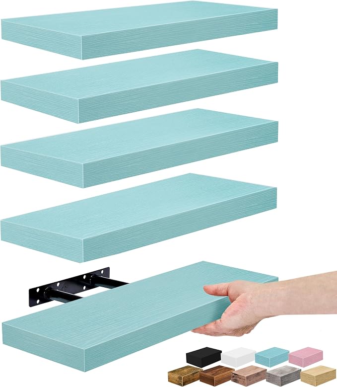 Sorbus Floating Shelves for Wall – 16 Inch Floating Shelf for Kitchen, Bedroom, Living Room, Bathroom, Home & Wall Decor - Mounted Bathroom Shelves with Invisible Brackets (Breezy Blue, 5 Pack)