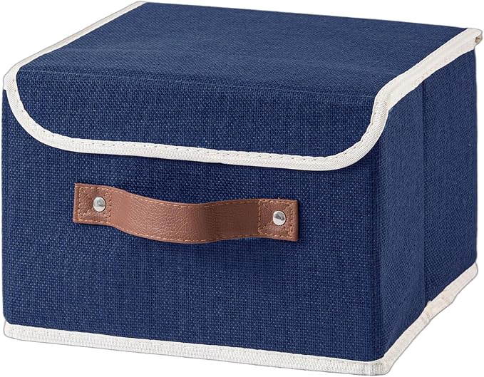 Collapsible Storage Boxes Baskets with Lid Cotton Linen Fabric Storage Bins with Faux Leather Handles Decorative Washable Cube Organizer Container for Home Closet Bedroom (Blue, Small Size)