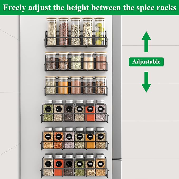 HuggieGems 6 Pack Magnetic Spice Rack Organizer for Refrigerator and Microwave Oven, Metal Fridge Shelf for Kitchen, Matt Black