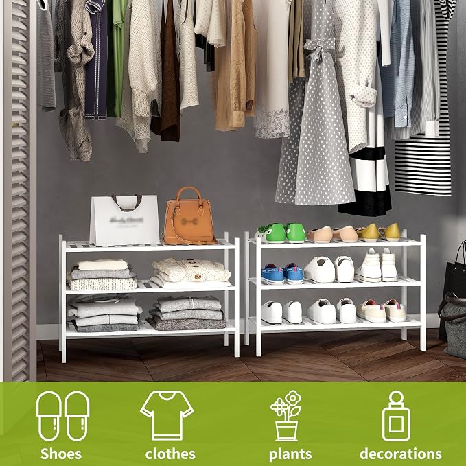 BMOSU 3-Tier Bamboo Shoe Rack Premium Stackable Shoe Shelf Storage Organizer for Hallway Closet Living Room Entryway Organizer(White Bamboo)