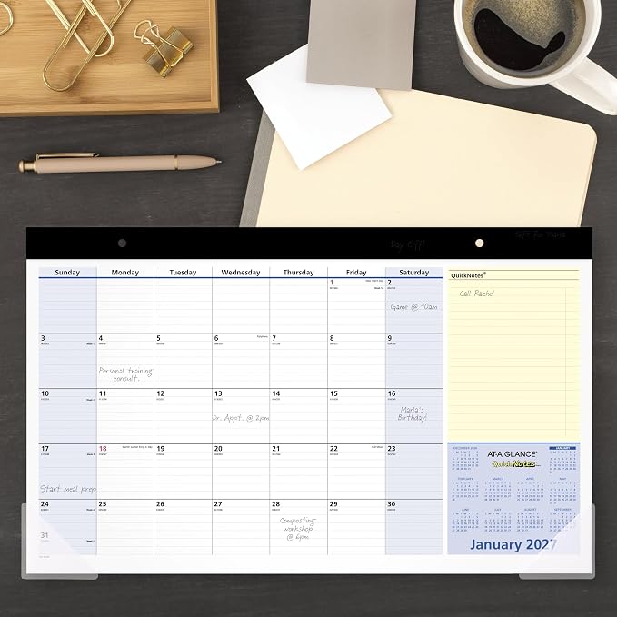 AT-A-GLANCE 2027 Desk Pad Calendar, Monthly Desk Wall Planner, 13-Month Jan-Jan, 18" x 11", QuickNotes (SK7100027)