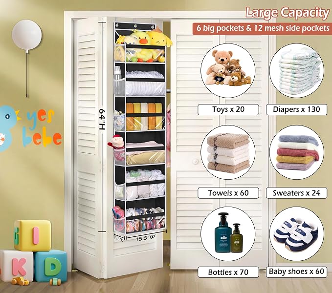 MISSLO Back of Door Storage Organizer Hanging with 6 Large Pockets 12 Side Pockets Closet Door Organizer Baby Organization for Bathroom, Pantry, Bedroom, Nursery, Clothes, Toys, Diapers, Black