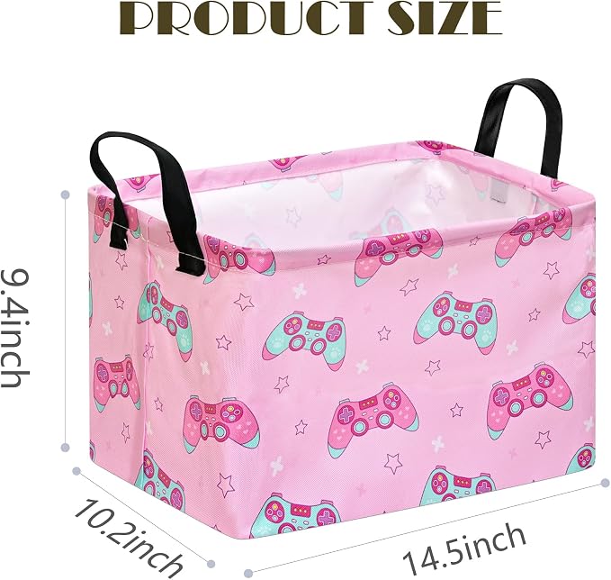 MAIZMZ Girls Storage Basket,Pink Controller Print Kids Hamper,Waterproof Lining, Leather Handles, Collapsible for Gamer Girls, Toys, Clothes, Gift Basket