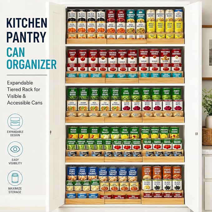 Expandable Can Rack Organizer for Pantry Fits Up to 24 20-oz Canned Food | 3-Tier Can Storage Holder for Kitchen Cabinet, Solid Wood Canned Goods Pantry Organizer Shelf, Visible & Accessible Display