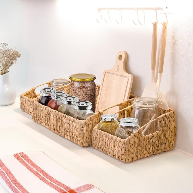KOKODO Rectangular Wicker Storage Baskets for Shelves, Set of 3 Water Hyacinth Woven Bins with Handles, Open Front Pantry Shelf Organizer for Closet, Bedroom, Boho Decorative, Natural