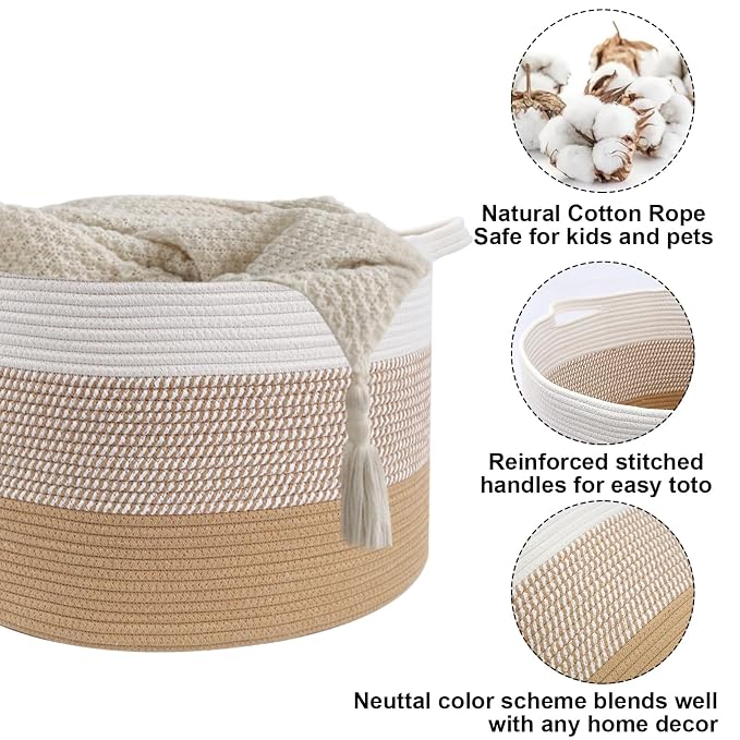 90L Large Blanket Basket,21.7"L x 21.7"W x 13.8"H Rope Woven Baskets with Handles, Toys Storage Bins,Laundry Basket Perfect for Living Room, Nursery,Bedroom,Home Organization,Yellow