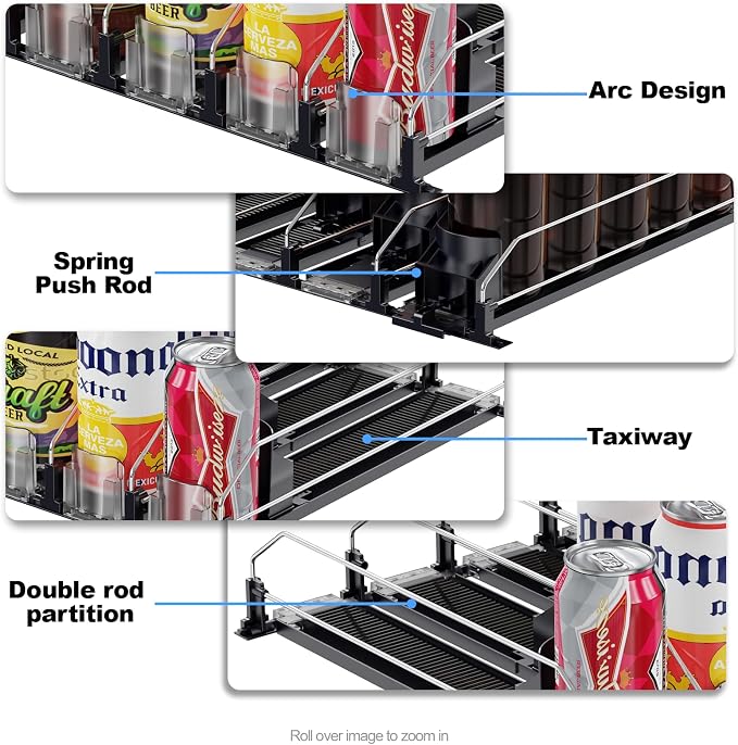 Can Dispenser for Mini Fridge (Depth ≥12.2" Required), Fits 12oz Soda, Width Adjustable Automatic Pusher, 2-Row Holds 8 Cans, White