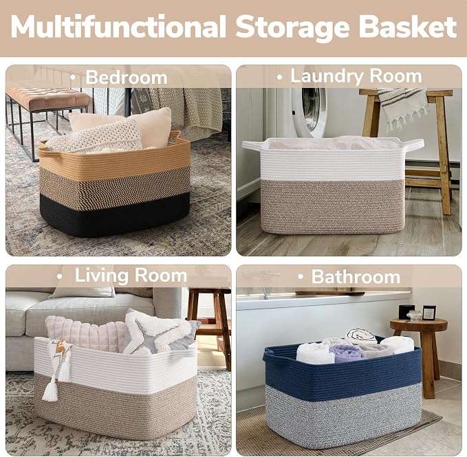 Goodpick Large Blanket Basket 22" x 17" x 12" Woven Storage Baskets for Organizing, Rectangle Baby Toy Storage Basket with Handles, Dirty Clothes Basket for Bedroom