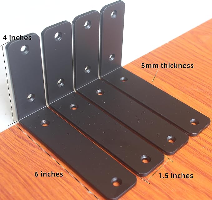 32 Pack - L 6" x H 4" x W1.5, 5mm Thick Black L Shelf Bracket, Iron Shelf Brackets, Metal Shelf Brackets, Floating Shelf, Shelf Supports with Screws