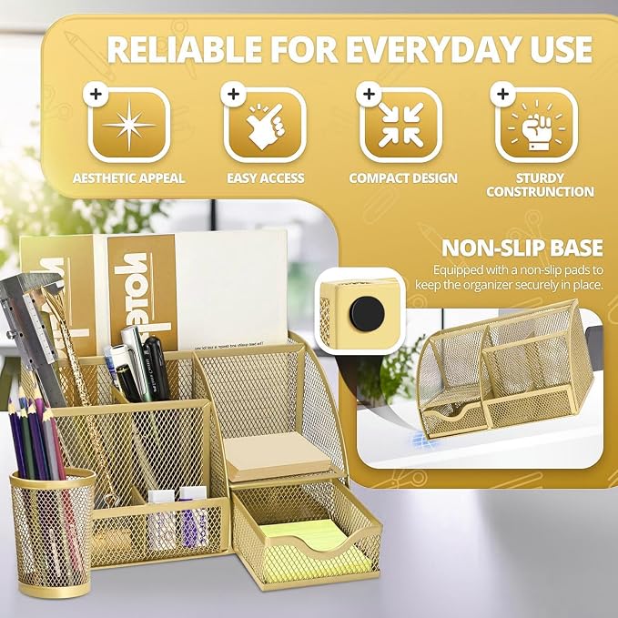 Flexzion Metal Mesh Desk Organizer with Drawer, 6 Compartments, Rose Gold | Compact desktop caddy with separate pen holder; 8.7 x 5.5 x 5 in for office supplies, home study, or dorm use