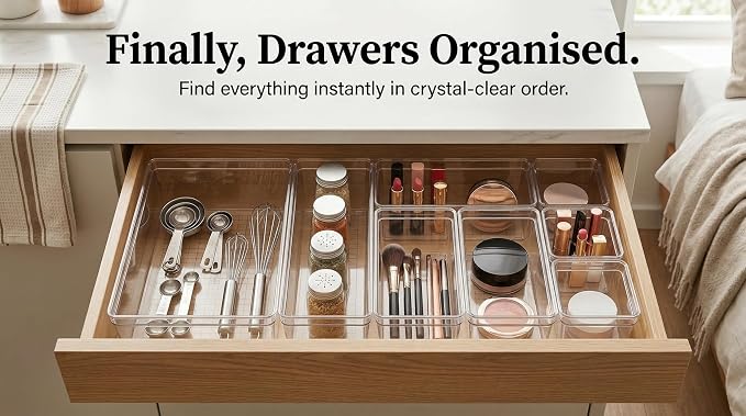 Clear Plastic Drawer Organizer Storage - 25Pcs 4 Size Desk Bathroom Kitchen Organizers and Accessories Office Organization, Vanity Stackable Drawers Bins Trays Containers Dividers Makeup Sets