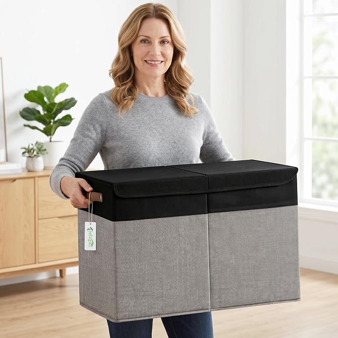 Bagnizer Large Toy Storage Box with Lids, Collapsible Sturdy Baby Storage Organizer Chest Bin Basket for Kids, Boys, Girls, Playroom, Nursery, Bedroom, Closet 25"x13"x16" (Gray and Black)