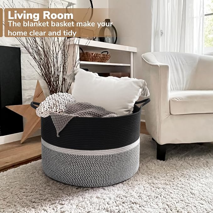 CHICVITA Extra Large Laundry Basket, Woven Rope Blanket Basket for Towels, Clothes, Toy Storage, Pillow Basket for Living Room, Family Room, 22 x 22 x 14 inches, Black