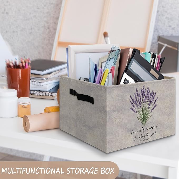 Christian Lavender Floral Decor Basket Foldable Storage Bins Box with Handles, Christian Friendship Gifts for Women, Bible Verse Collapsible Organizer for Bedroom Bathroom Clothes Toys Books