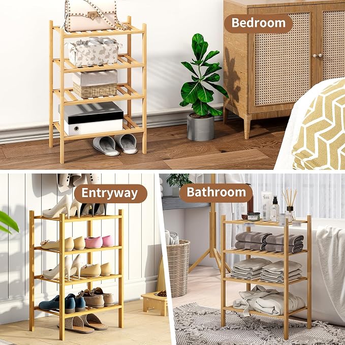 Bamboo Shoe Rack Stackable Shoe Shelf Storage Organizer for Unit Entryway Hallway and Closet Sturdy Freestanding Small Shoe Shelf(4S Tier Natural)