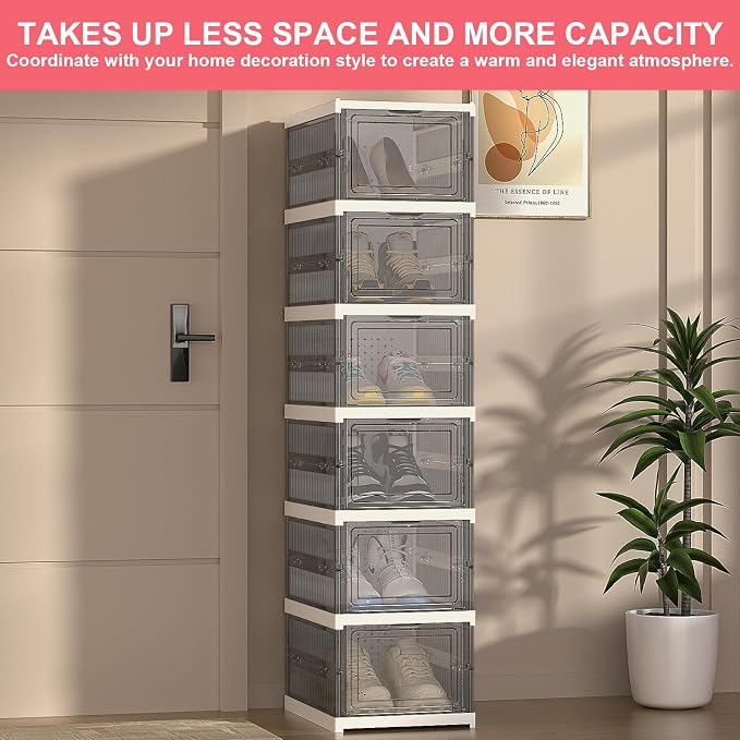 Foldable Shoe Storage Organizer, Stackable Boxes for Closet, Foldable Space-Saving Shoe Rack for Sneaker Boot Container, Acrylic Shoe Cabinet Shoe Box（6 Pack, Black