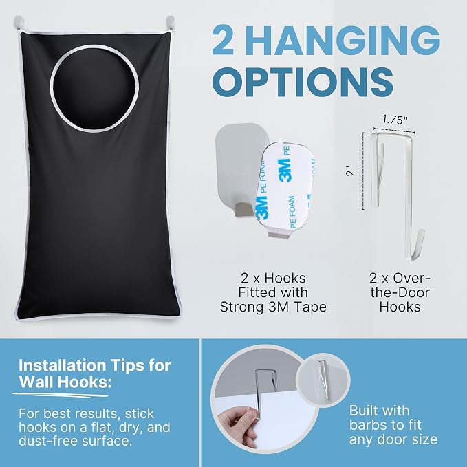 Hanging Laundry Hamper Bag XL 40x22", Space Saving over the Door Storage Bags, Behind the Door Hampers for Dirty Clothes & Wall Mounted Basket for Bathroom