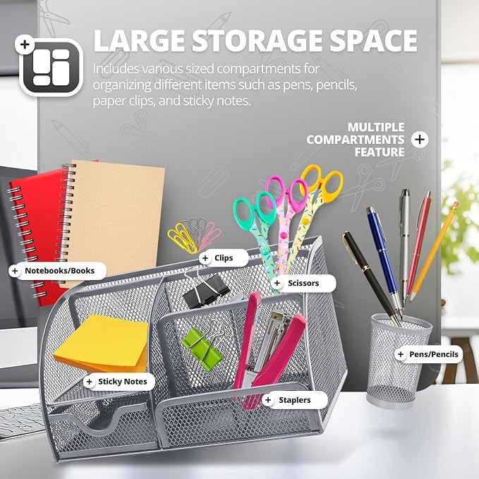 Flexzion Desk Caddy Organizer Set (Silver Gray) - Metal Mesh Desktop Caddy with Drawers, 6 Compartments, and Pencil Holder for Women & Men - Desktop Organizer and Storage for Work or Office Supplies | Compact desktop caddy with separate pen holder; 8.7...