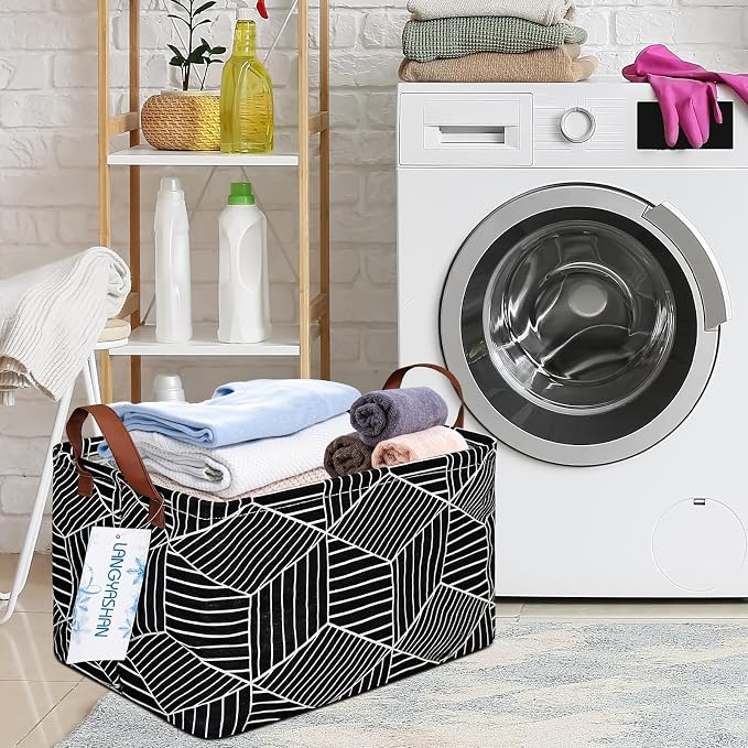 Rectangular Collapsible Storage Basket Nursery Organizer Black diamond | Storage Bin Foldable Canvas with Handles for Organizing Home Kitchen Children Toys Office Closet Shelf Baskets