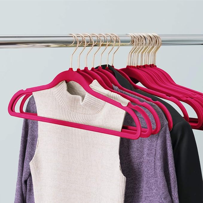 VECELO Premium Velvet Clothes Hangers Suit Heavy Duty (100 Pack)-Non Slip & Space-Saving with 12 Finger Clips & 2Tie Rack Excellent for Men and Women,Rose