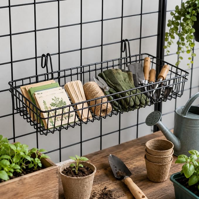 ANZOME Grid Wall Baskets, 4 Pack Black Wire Mesh with Hooks | Hanging storage bins for craft room, retail, office & pantry, built-in mounting clips, display shelf organizer, sturdy quad