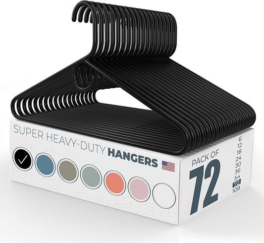 Super Heavy Duty Clothes Hangers 50+ Pack (72 Count) – Made in the USA - 10lb Capacity, Thick Plastic Hangers for Pants, Coats, Jackets, Jeans and Adult Clothing – Black