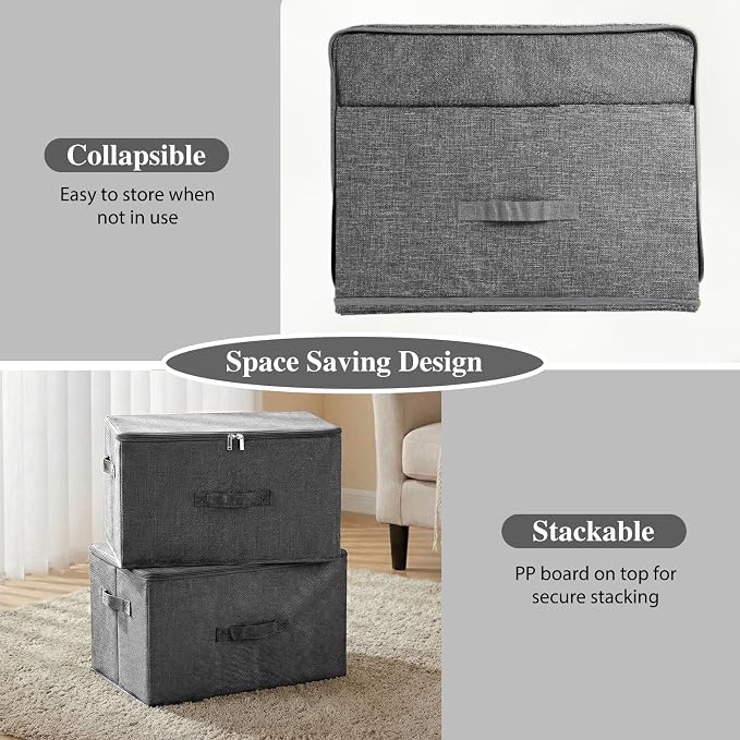 ANMINY 2PCS Storage Bins with Zipper Lids 13 Qt Lidded Fabric Storage Boxes Baskets Cubes with Handles Collapsible Washable Cotton Linen Closet Shelf Clothes Organizer Containers - Gray, Small