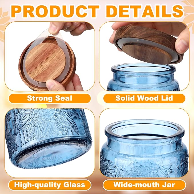 LemonRoad 2 Pcs Vintage Blue Glass Storage Jars 23.7 oz Mason Jar Canister with Wood Lids Food Storage Container for Cookie, Pantry, Candy Kitchen, Coffee, Tea, Flour, Sugar, Decorative Home Decor