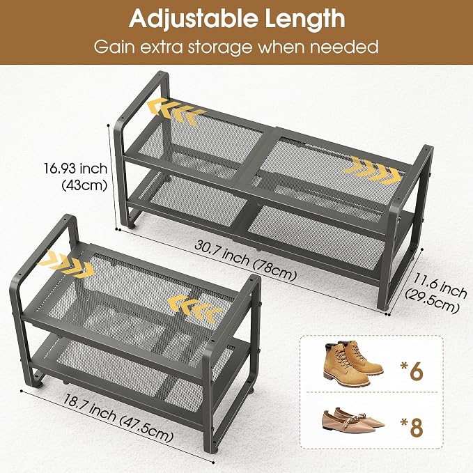 SAYZH 2-Tier Expandable Shoe Rack for Closet, Adjustable Metal Shoe Organizer with Sturdy Mesh Shelves for Boots & Heels, Stackable Shoe Storage for Entryway, Garage, Small Spaces (Grey, 2-Tier)