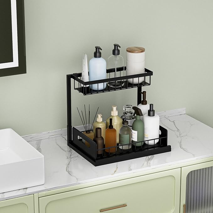 Under Kitchen Sink Organizer 2 Tier, Pull Out Bathroom Sink Organizers and Storage, Cabinet Kitchen Bathroom Storage Organization Shelf, 1 Pack Black