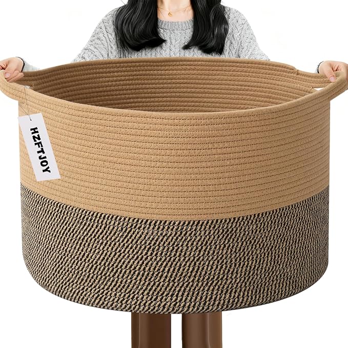 65L Large Blanket Basket,19.7" L x 19.7" W x 13" H Rope Woven Baskets with Handles, Toys Storage Bins,Laundry Basket Perfect for Living Room, Nursery,Bedroom,Home Organization,Jute&Black