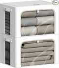 FHSQX 2 Pack Clear Window Storage Bins - Large Stackable Linen Fabric Storage for Clothes Foldable Container Organizer Set with Carrying Handles (Lvory White, 16.5x 12.2x 12.2Inch)