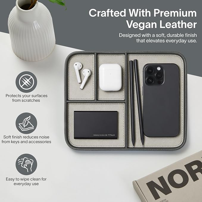 Nordik Leather Valet Tray - Sahara Gray - 9.5 x 7.9 Inch Medium Vegan Leather Tray - Stylish Nightstand Organizer for Men - Modern Bedside Caddy - EDC Catchall for Key Watch Wallet Jewellery