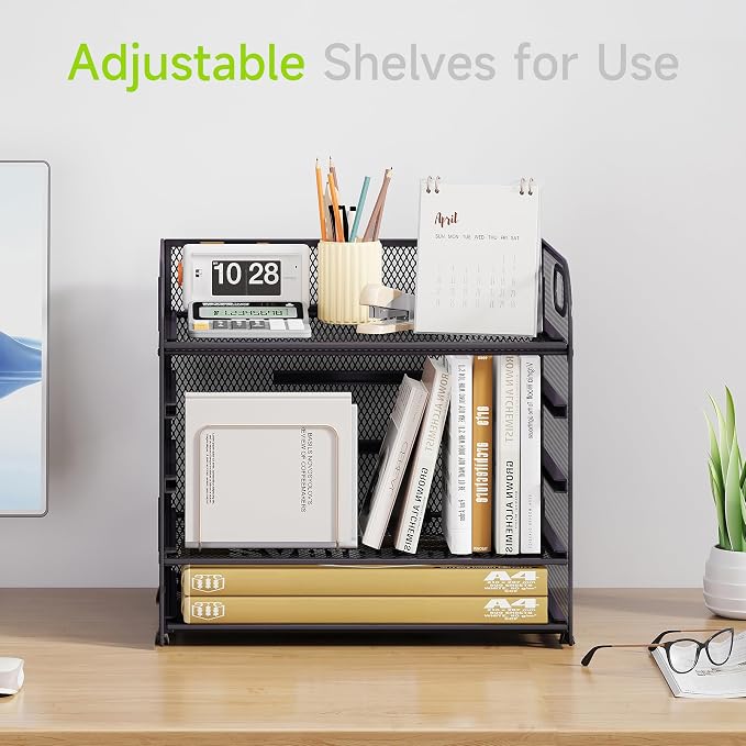 Cawukege 2 Pack 5 Tier Paper Organizer, Letter Tray with Handle, Mesh Desk Organizer, Metal File Organizer, Office Desk Accessories for Home, Office, Classroom, School -Grey