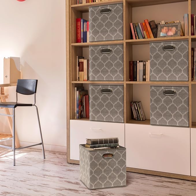 Simple Houseware 11-Inch Collapsible Fabric Cube Storage Bin with Handles, Printed Design, 6 Pack, Beige