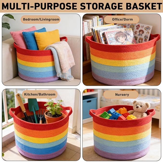 115L Large Blanket Basket,23.6" L x 23.6" W x 15.7" H Rope Woven Baskets with Handles, Toys Storage Bins,Laundry Basket Perfect for Living Room, Nursery,Bedroom,Home Organization,Rainbow