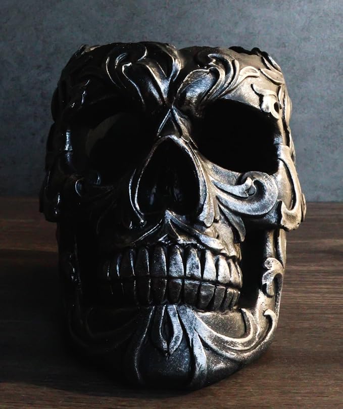 Ebros Gift Tribal Tattoo Floral Skull Pen Holder Figurine 5.75" L Office Desktop Ossuary Skulls Decor Cranium Skeleton Head Stationery Holder As Halloween Macabre Graveyard Spooky Decorative Statue