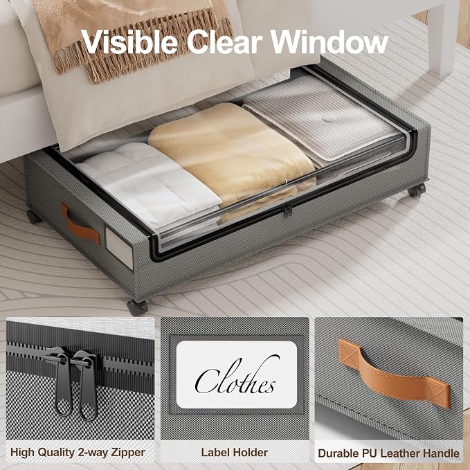 LAMU Under Bed Storage with Wheels, 2 Pack Under Bed Storage Containers with Clear Lid, XXL 60 L Underbed Storage Bins, Rolling Under Bed Metal Drawers for Clothes, Blankets, Shoes, Grey