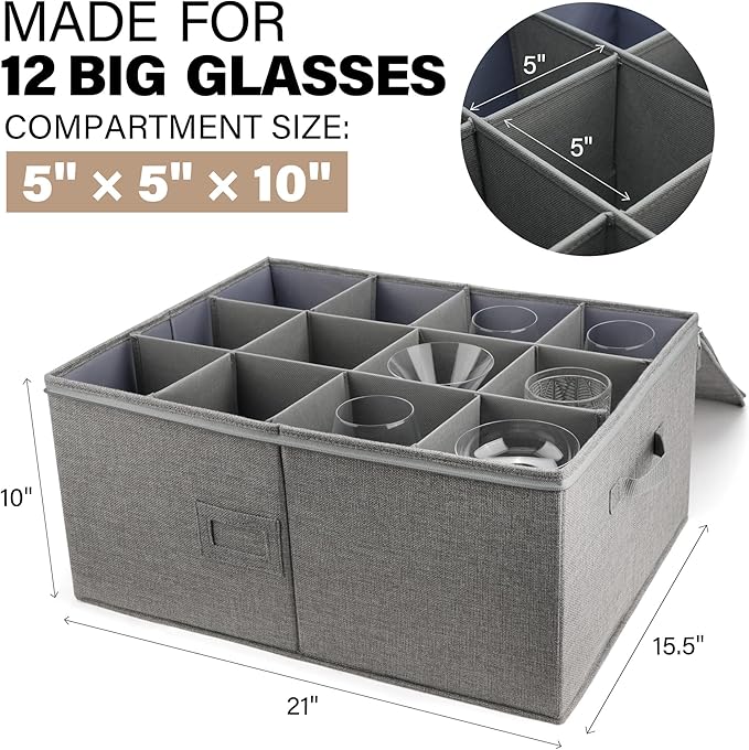 LotFancy Stemware Storage Container for Moving, Hard Shell, Wide Wine Glass Storage Box with Dividers & Handles, Stackable, Foldable Crystal Glassware Case, 21”x15.5”x10”, Grey