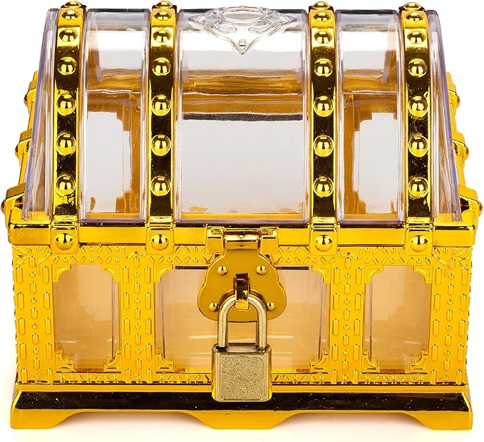Pirate Treasure Chest for Kids Toy, Decorative Transparent Golden Pirate Chest with Lock and Key