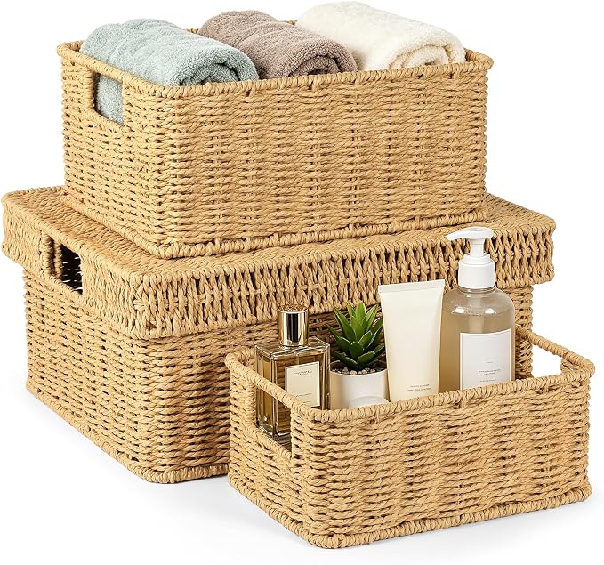 Wicker Storage Basket with Lid - Woven Basket for Storage,Rectangular Decorative Boxes Bins with Lids for Shelves,living room, Nursery, 3 baskets+1 lids(Natural)