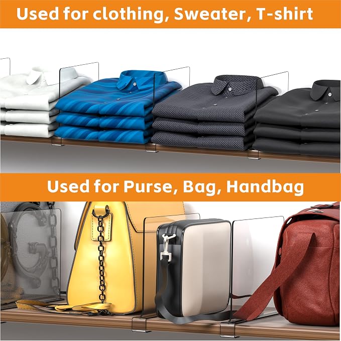 Clear Acrylic Shelf Dividers for Closet Organization - 4 Pack Closet Shelf Divider for Sweatshirt,Towel,Bag,Purse,Clothing,Sweater Organizer,Plastic Dividers and Separators for Shelves and Bedroom