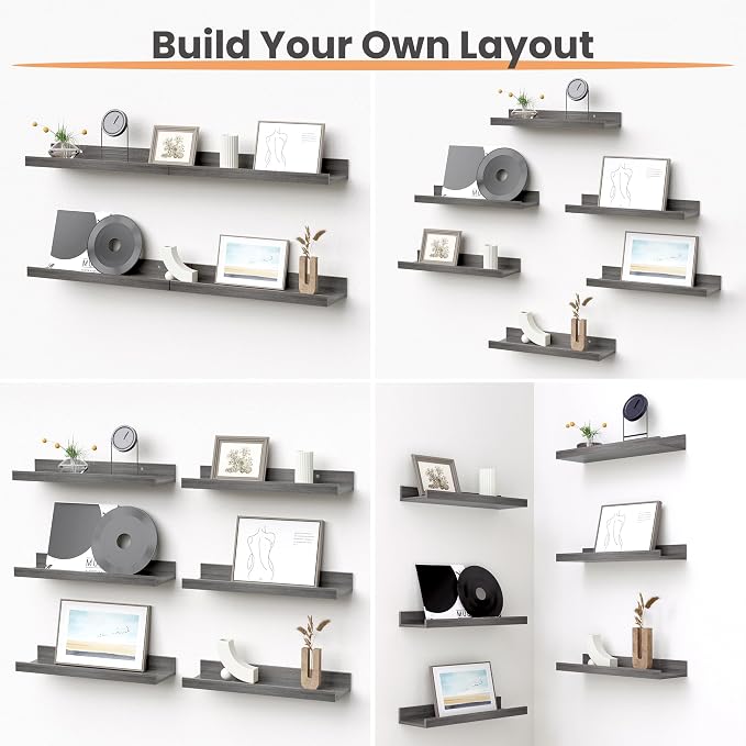 upsimples Floating Shelves for Wall, Wall Shelves for Decor Storage Set of 6, Wall Mounted Wood Shelf for Bedroom, Living Room, Bathroom, Kitchen, Picture Ledge Shelf, Grey