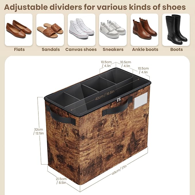 Varhomax Shoe Organizer Box 2 Pack for Closet,Small Fabric Shoe Storage Bin with Adjustable Dividers & Clear Cover, Saving Space Sneakers & Sandals Containers for Entryway, Cubby